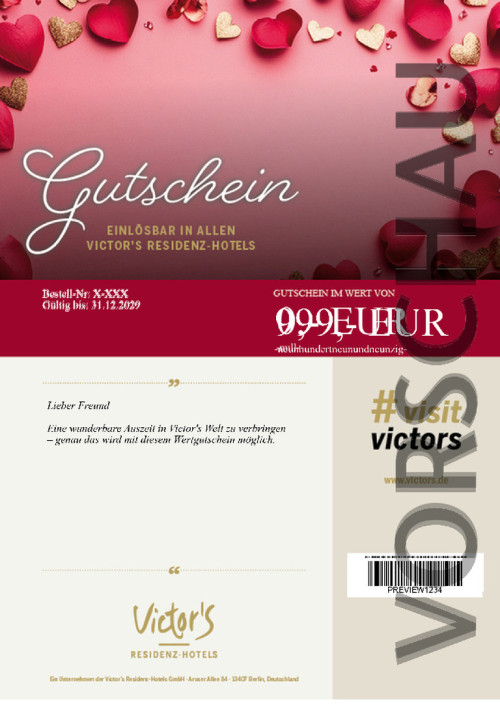 Ein großer roter Rosenstrauß ist auf rotem Hintergrund abgebildet. Links im Bild befinden sich rote und goldene Herzen.